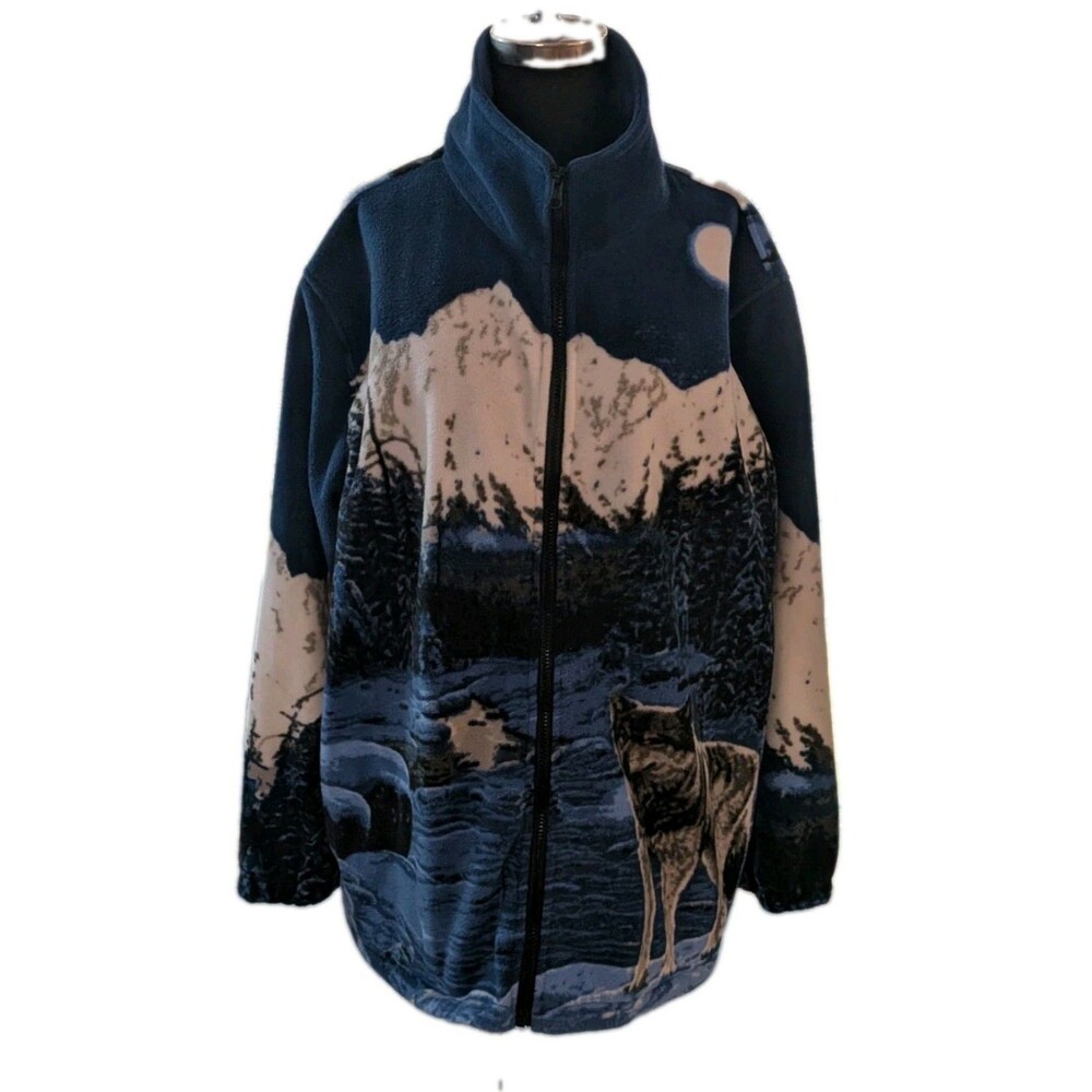 Collections Etc Blue Fleece Zip Up Jacket Soft Graphic Wolf Print Size XL EUC